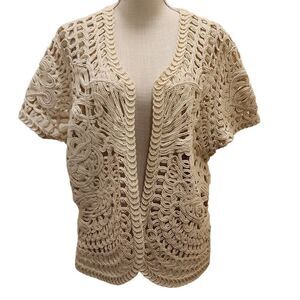 Crochet Knit Heavy Short Sleeve Cardigan Women's One Size Cream Art To Wear 100%